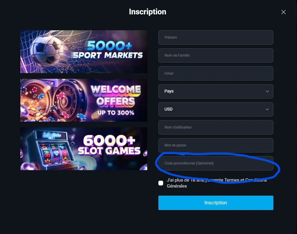 Formulaire d'inscription MyStake avec le champ code promo