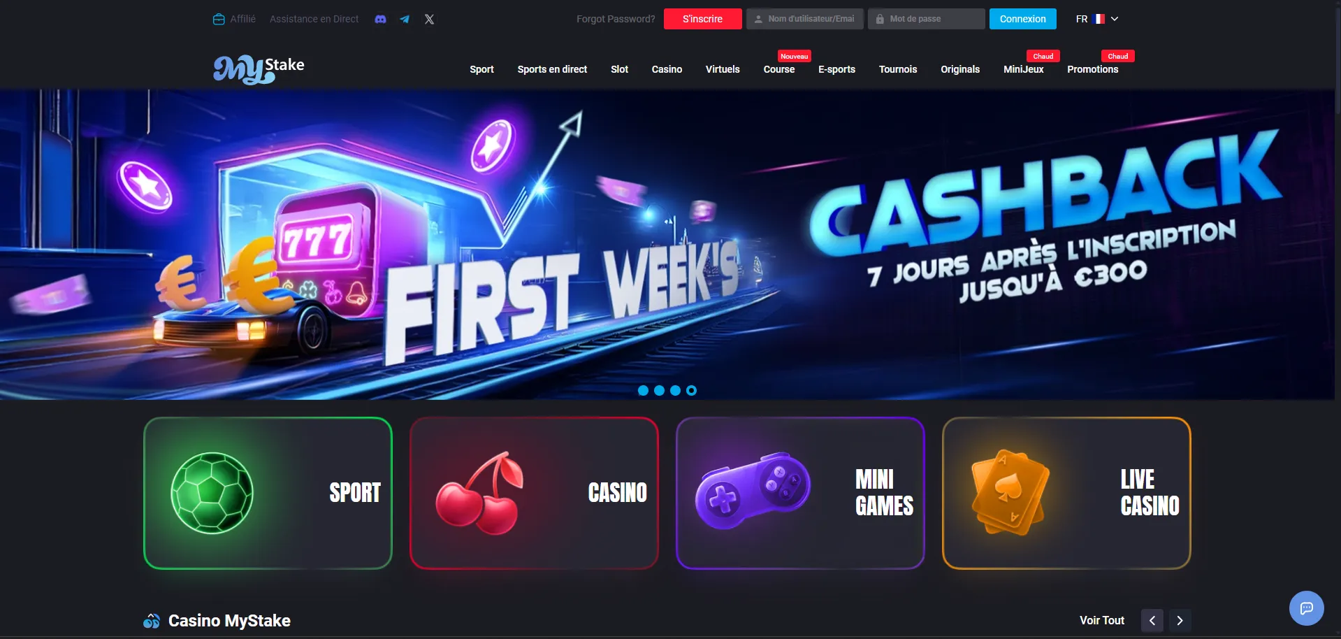 Page d'accueil du casino en ligne MyStake